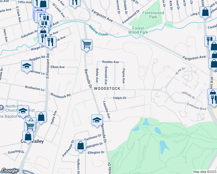 map of restaurants, bars, coffee shops, grocery stores, and more near 6104 Emerald Avenue in Ferguson
