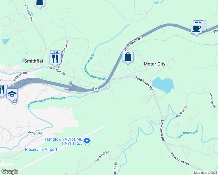 map of restaurants, bars, coffee shops, grocery stores, and more near 3030 Newtown Road in Placerville
