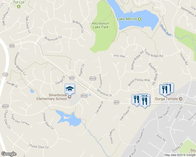 map of restaurants, bars, coffee shops, grocery stores, and more near 8314 Armetale Lane in Fairfax Station