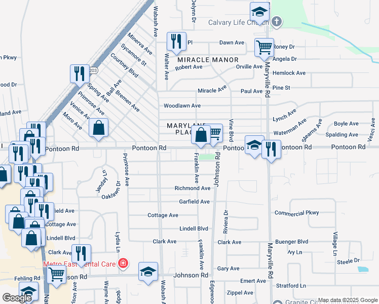 map of restaurants, bars, coffee shops, grocery stores, and more near 2158 Pontoon Road in Granite City