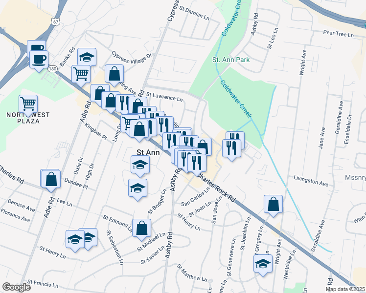 map of restaurants, bars, coffee shops, grocery stores, and more near 10501 Saint Philip Lane in Saint Ann