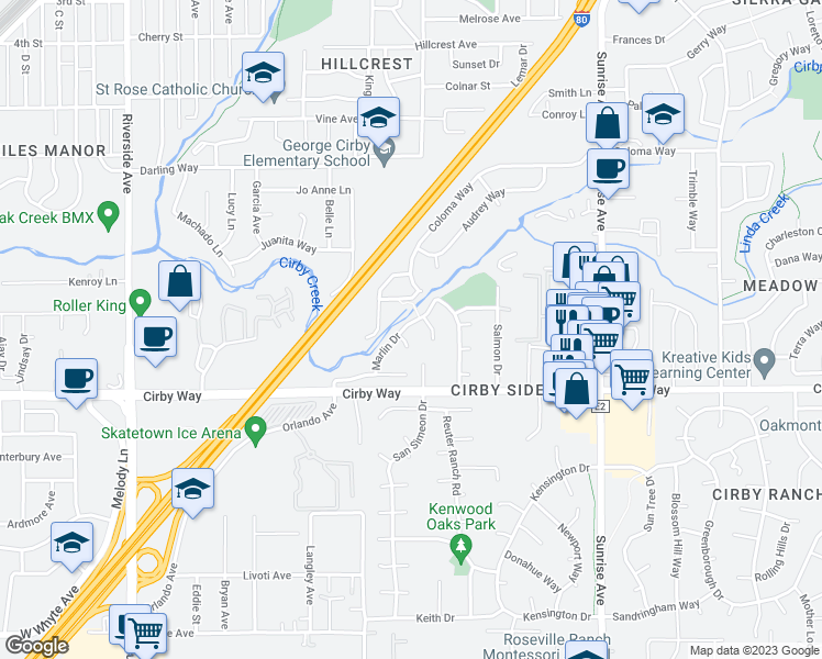 map of restaurants, bars, coffee shops, grocery stores, and more near 1107 Marlin Drive in Roseville