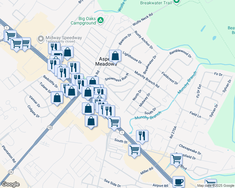 map of restaurants, bars, coffee shops, grocery stores, and more near 35638 Highlands Way in Rehoboth Beach