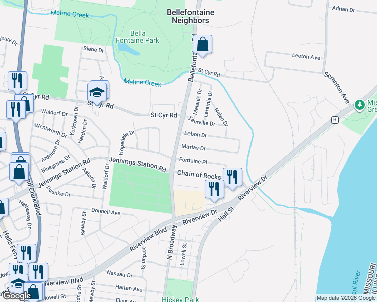 map of restaurants, bars, coffee shops, grocery stores, and more near 928 Marias Drive in St. Louis