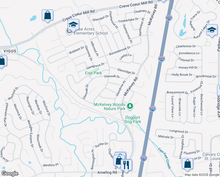 map of restaurants, bars, coffee shops, grocery stores, and more near 11943 Glen West Drive in Maryland Heights