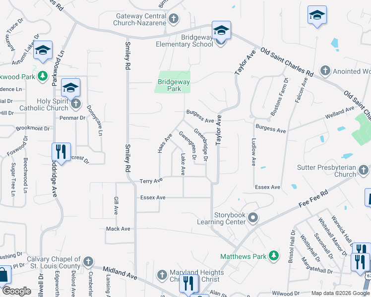 map of restaurants, bars, coffee shops, grocery stores, and more near 3244 Lake Ave in Bridgeton
