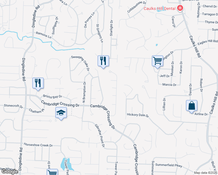 map of restaurants, bars, coffee shops, grocery stores, and more near 46 White Cedar Court in Saint Charles