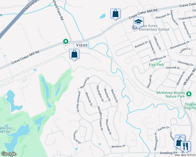 map of restaurants, bars, coffee shops, grocery stores, and more near 2541 Wesford Drive in Maryland Heights