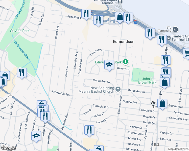 map of restaurants, bars, coffee shops, grocery stores, and more near 9812 Mill Pass Lane in St. Louis