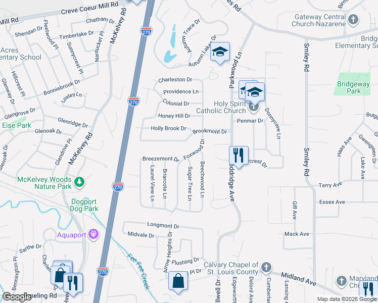map of restaurants, bars, coffee shops, grocery stores, and more near 11831 Foxwood Drive in Maryland Heights