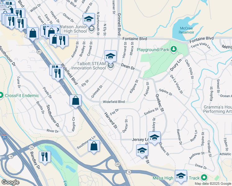map of restaurants, bars, coffee shops, grocery stores, and more near 163 Ithaca Street in Colorado Springs