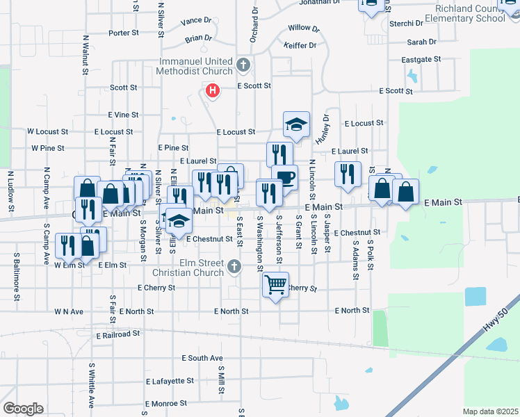 map of restaurants, bars, coffee shops, grocery stores, and more near 998 E Main St in Olney