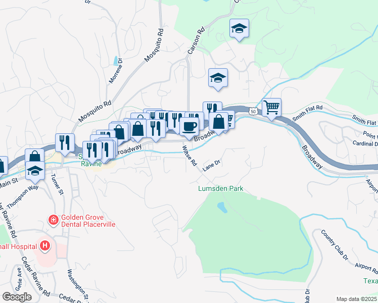 map of restaurants, bars, coffee shops, grocery stores, and more near 3044 Wiltse Road in Placerville