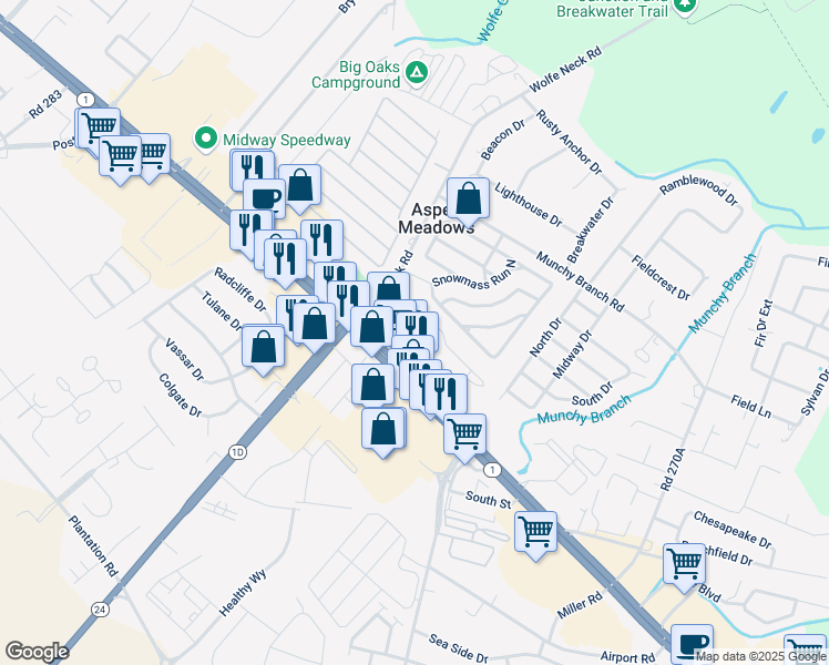 map of restaurants, bars, coffee shops, grocery stores, and more near 4500 Delaware 1 in Rehoboth Beach