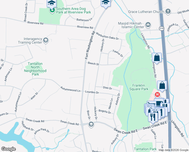 map of restaurants, bars, coffee shops, grocery stores, and more near 11811 Hickory Drive in Fort Washington