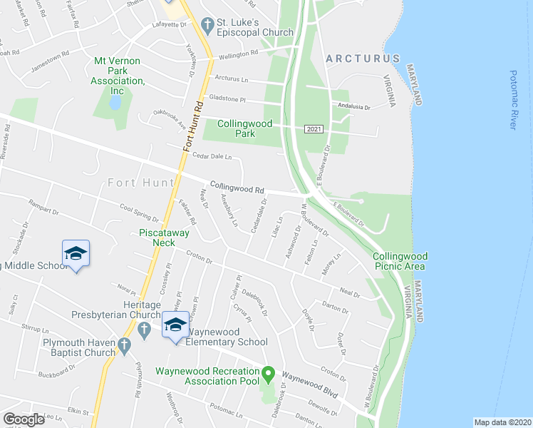 map of restaurants, bars, coffee shops, grocery stores, and more near 8307 Cedardale Dr in Alexandria