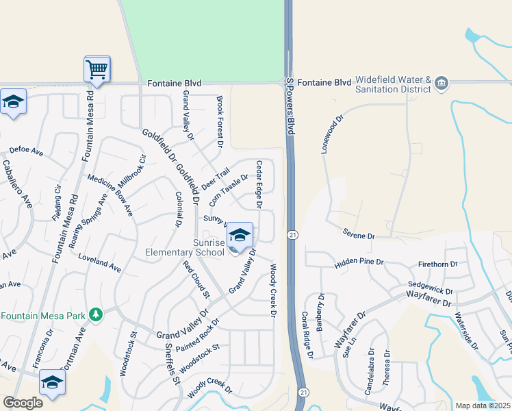 map of restaurants, bars, coffee shops, grocery stores, and more near 6890 Cedar Edge Drive in Colorado Springs