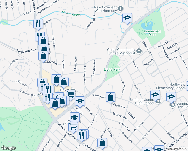 map of restaurants, bars, coffee shops, grocery stores, and more near 8908 Scottdale Avenue in Jennings