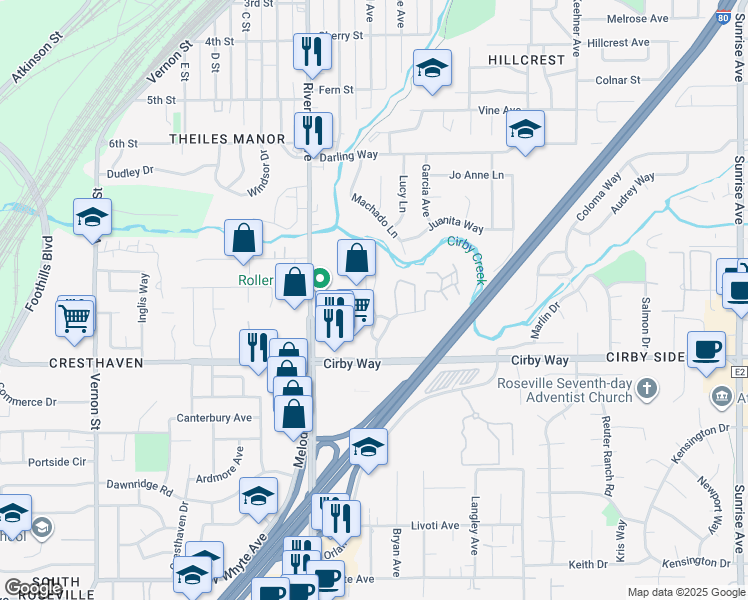 map of restaurants, bars, coffee shops, grocery stores, and more near 128 Valley Oak Drive in Roseville