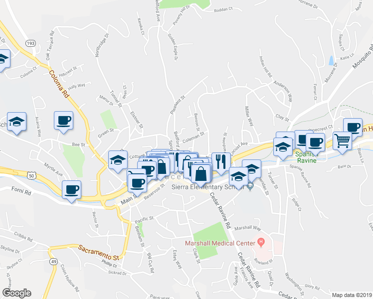 map of restaurants, bars, coffee shops, grocery stores, and more near 2880 Norman Street in Placerville