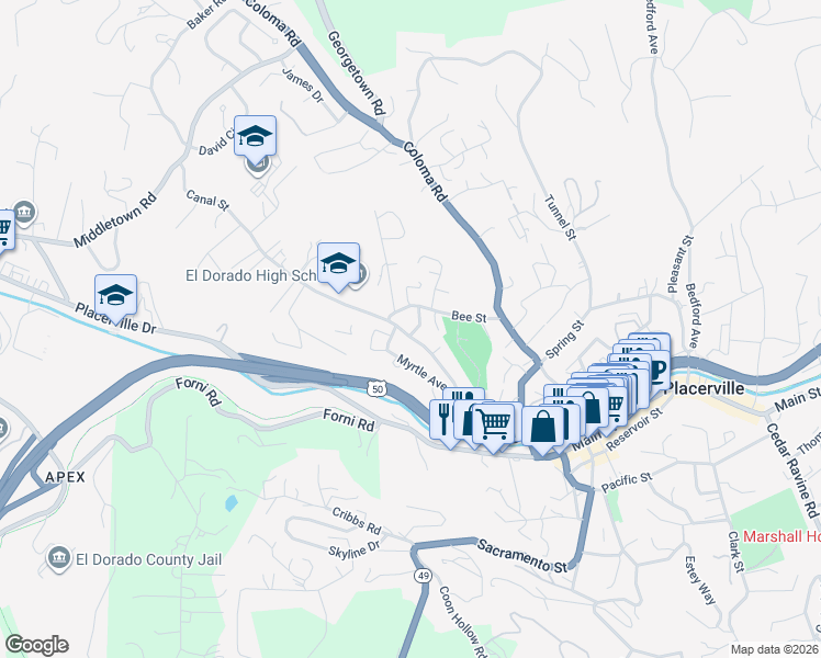 map of restaurants, bars, coffee shops, grocery stores, and more near 603 Canal Street in Placerville