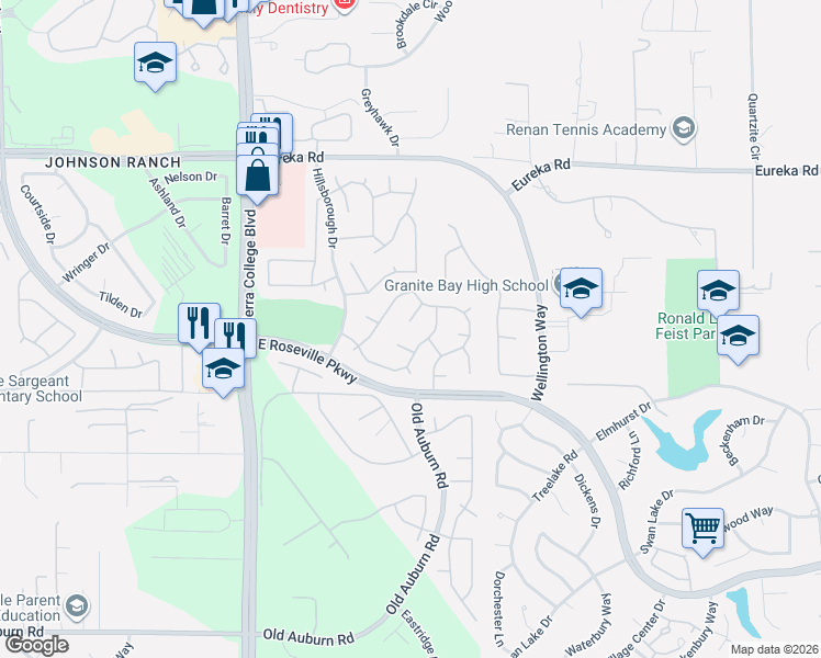 map of restaurants, bars, coffee shops, grocery stores, and more near 631 Keswick Court in Roseville