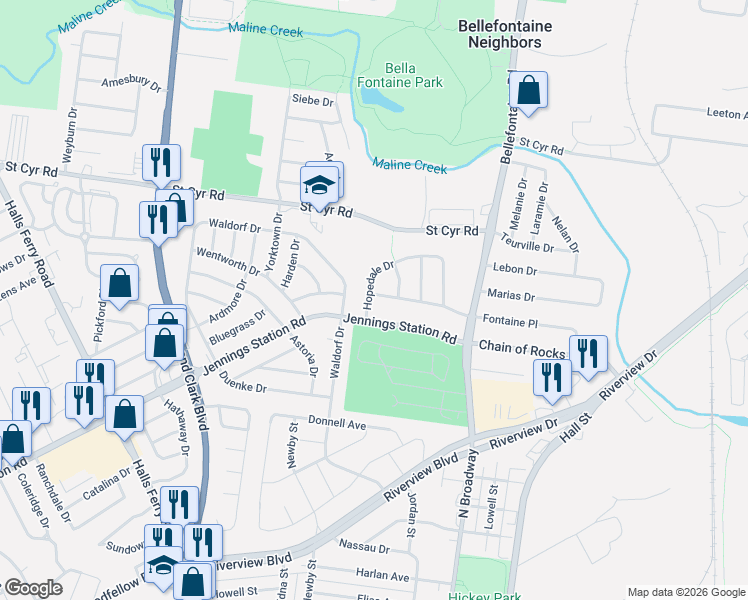 map of restaurants, bars, coffee shops, grocery stores, and more near 9213 Hopedale Drive in St. Louis
