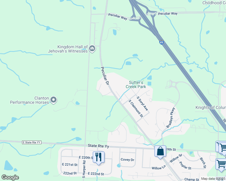 map of restaurants, bars, coffee shops, grocery stores, and more near 21517 South Peculiar Drive in Peculiar
