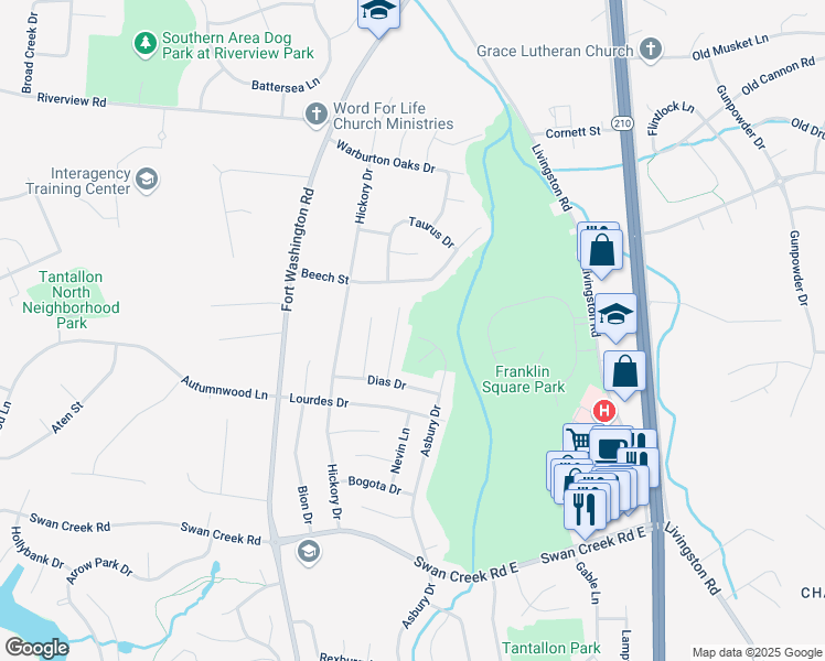 map of restaurants, bars, coffee shops, grocery stores, and more near 11800 Asbury Drive in Fort Washington
