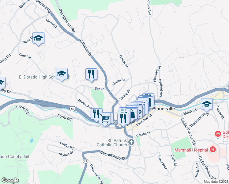 map of restaurants, bars, coffee shops, grocery stores, and more near 850 Green Street in Placerville