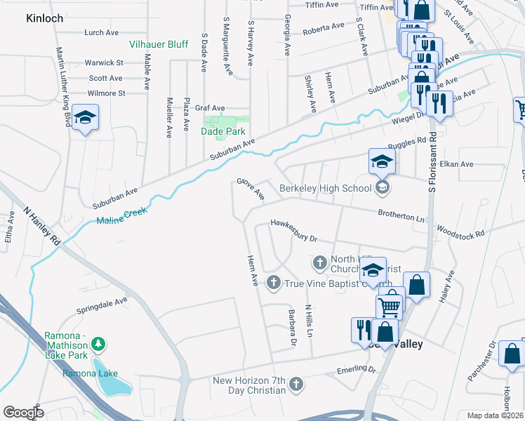 map of restaurants, bars, coffee shops, grocery stores, and more near 8438 Brotherton Lane in Ferguson