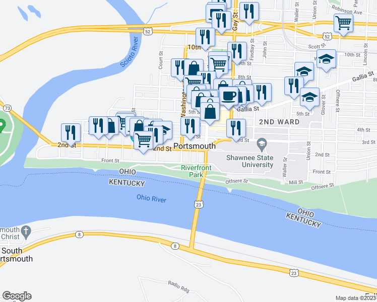 map of restaurants, bars, coffee shops, grocery stores, and more near 716 2nd Street in Portsmouth