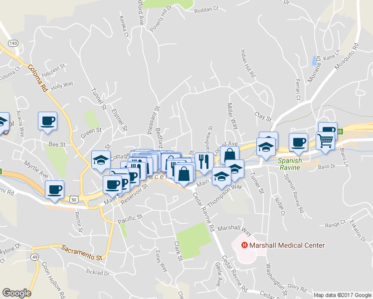 map of restaurants, bars, coffee shops, grocery stores, and more near 2930 Clay Street in Placerville