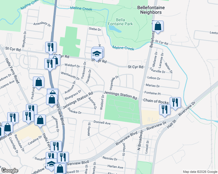 map of restaurants, bars, coffee shops, grocery stores, and more near 9213 Hopedale Dr in St Louis