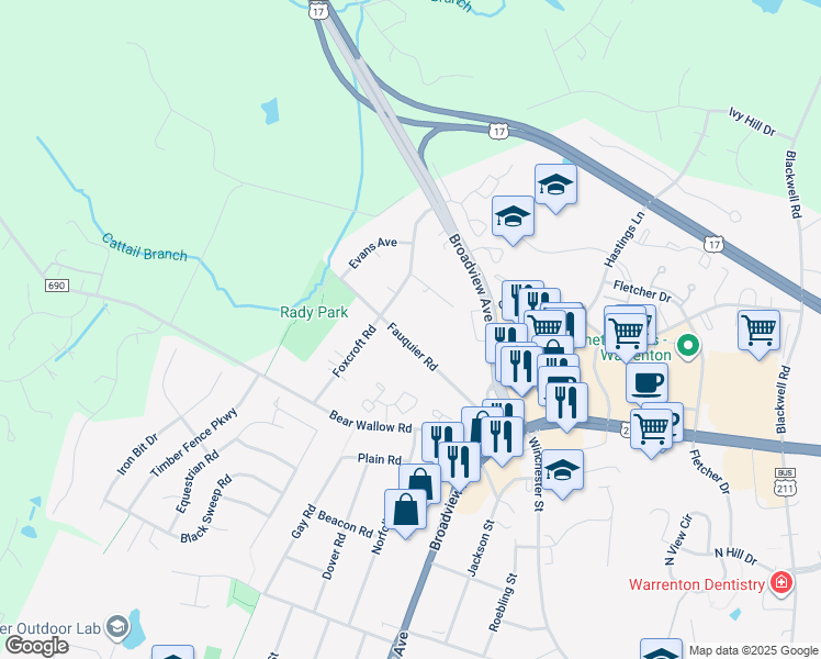 map of restaurants, bars, coffee shops, grocery stores, and more near 627 Fauquier Road in Warrenton