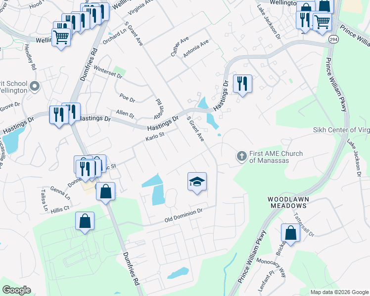 map of restaurants, bars, coffee shops, grocery stores, and more near 10392 Janja Court in Manassas