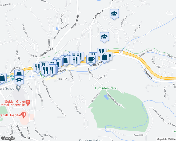 map of restaurants, bars, coffee shops, grocery stores, and more near 3044 Wiltse Road in Placerville