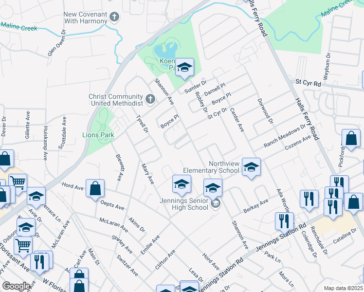 map of restaurants, bars, coffee shops, grocery stores, and more near 8862 Shannon Fox Circle in Jennings