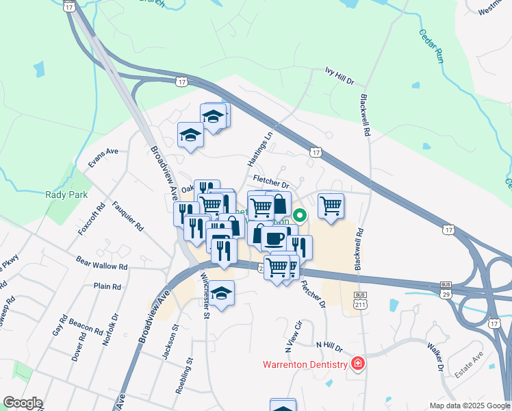 map of restaurants, bars, coffee shops, grocery stores, and more near 712B Cedar Crest Drive in Warrenton