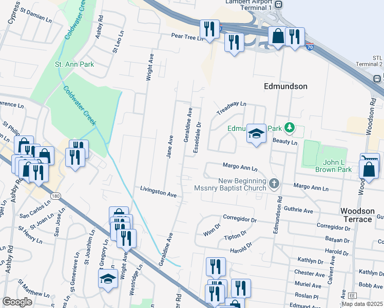 map of restaurants, bars, coffee shops, grocery stores, and more near 4007 Esseldale Drive in Saint Ann
