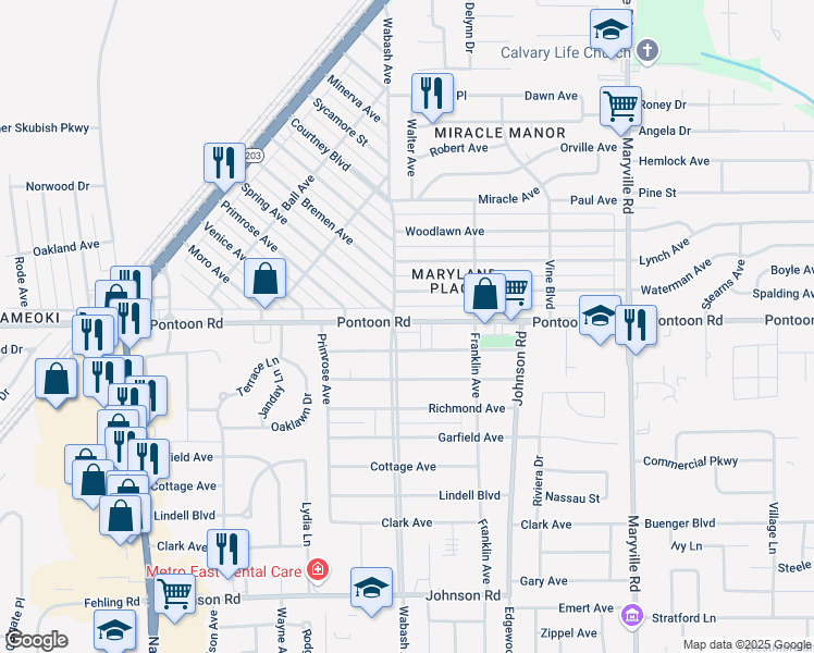 map of restaurants, bars, coffee shops, grocery stores, and more near 2102 Pontoon Road in Granite City