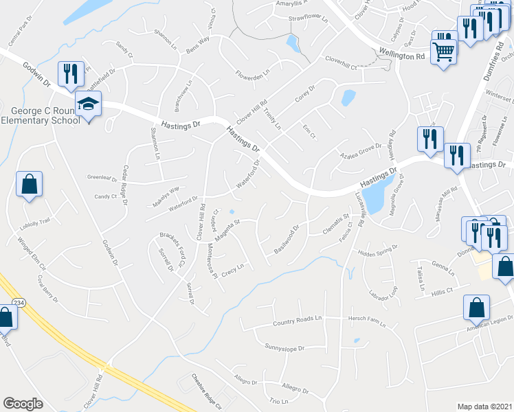 map of restaurants, bars, coffee shops, grocery stores, and more near 10896 Pennycress Street in Manassas