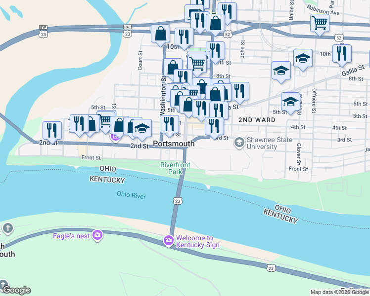 map of restaurants, bars, coffee shops, grocery stores, and more near 1986 Chillicothe Street in Portsmouth