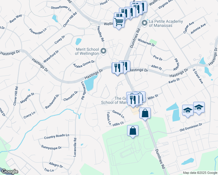 map of restaurants, bars, coffee shops, grocery stores, and more near 10319 Butternut Circle in Manassas