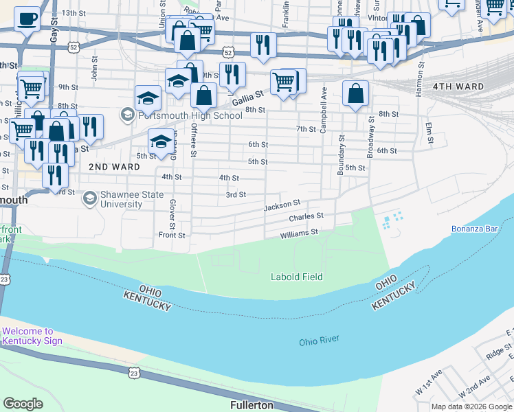 map of restaurants, bars, coffee shops, grocery stores, and more near 1653 Jackson Street in Portsmouth