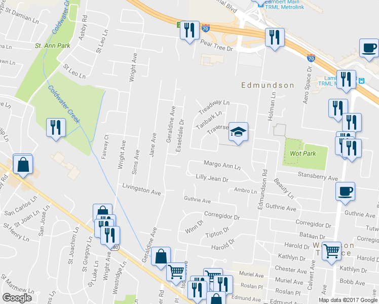 map of restaurants, bars, coffee shops, grocery stores, and more near 9840 Mill Pass Lane in St. Louis