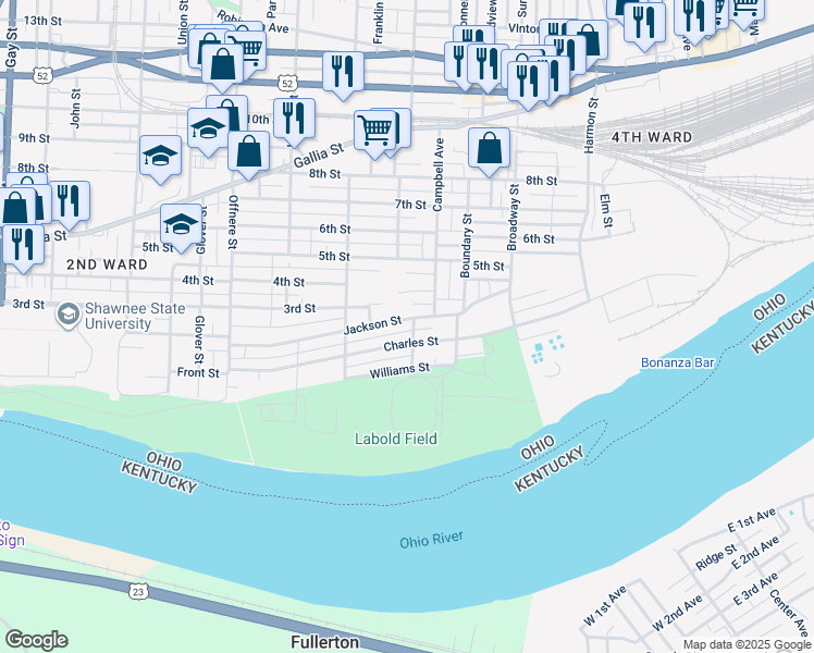 map of restaurants, bars, coffee shops, grocery stores, and more near 1810 Jackson Street in Portsmouth