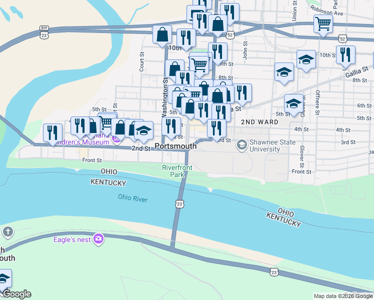 map of restaurants, bars, coffee shops, grocery stores, and more near Chillicothe St & 2nd St in Portsmouth