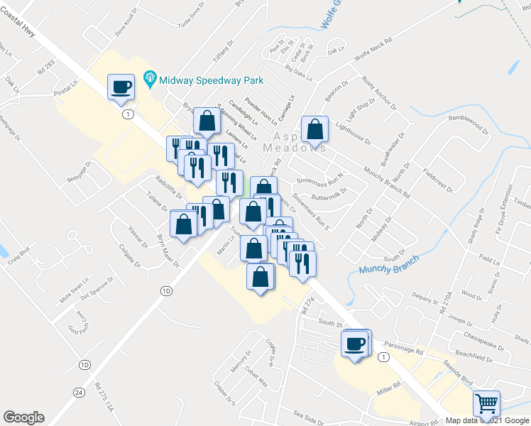 map of restaurants, bars, coffee shops, grocery stores, and more near 4500 Delaware 1 in Rehoboth Beach
