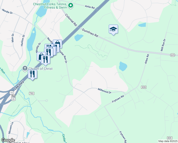 map of restaurants, bars, coffee shops, grocery stores, and more near 6242 Highmeadow Place in Warrenton